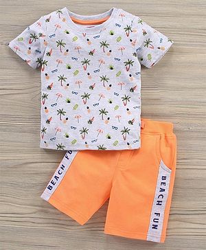 Babyhug Cotton Knit Half Sleeves T-Shirt & Shorts Beach Printed - Grey Orange