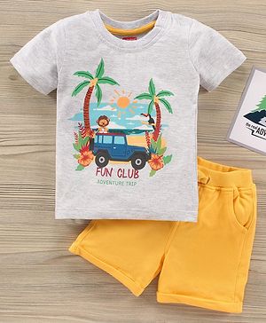 Babyhug Cotton Knit Half Sleeves T-Shirt and Shorts Set Beach Print - Grey Yellow