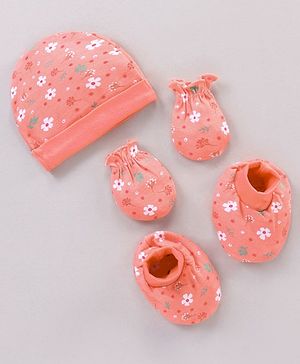 Babyhug 100% Cotton Cap Mitten Booties Set Floral Printed - Pink