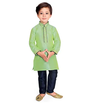 KIDS FARM Full Sleeves Solid Colour Ethnic Kurta With Pajama - Light Green