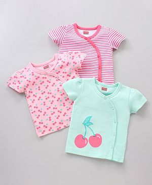Babyhug Half Sleeves 100% Cotton Vests Stripe And Cherry Print Pack Of 3 - Pink Green