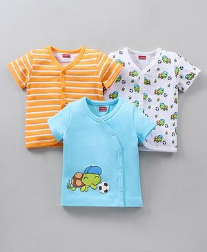 Babyhug Half Sleeves 100% Cotton Vests Tortoise And Stripe Print Pack of 3 - Blue Orange White
