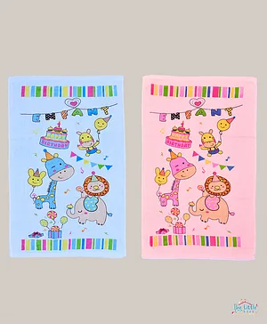 THE LITTLE LOOKERS 100% Microfiber Towels Cartoon Animal Birthday Party Print Pack Of 2 - Pink Blue