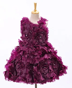 Enfance Sleeveless Floral Corsage Decorated Flared Party Dress - Purple