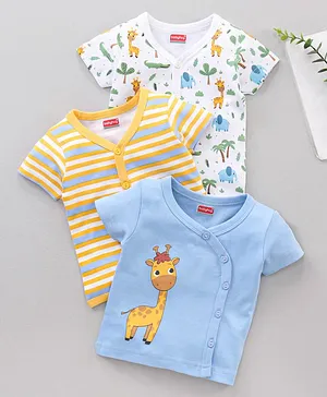 Babyhug 100% Cotton Half Sleeves Vests Stripes & Giraffe Print Pack of 3 - Multicolor