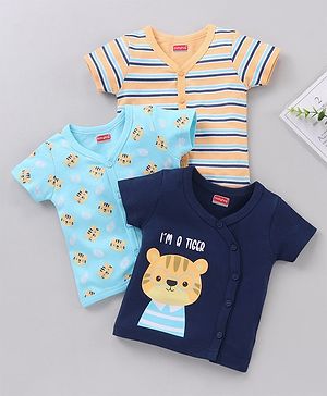 Babyhug 100 % Cotton Vests Striped And Cat Print Pack of 3 - Blue Yellow
