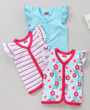 Babyhug 100% Cotton Half Flutter Sleeves Vests Flowers Print Pack of 3 - Pink Blue