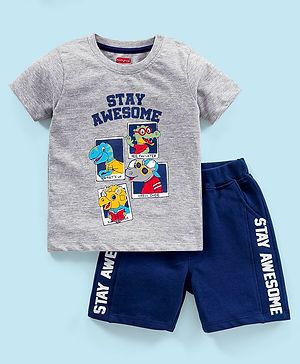 Babyhug 100% Cotton Knit Half Sleeves T-Shirt & Shorts Dino Print - Grey & Blue