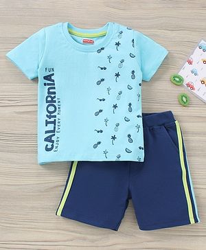 Babyhug Cotton Half Sleeves T-Shirt and Knee Length Short Fruit Print - Blue