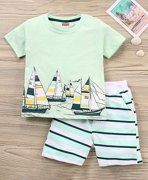 Babyhug 100% Cotton Half Sleeves T-Shirt and Knee Length Short Boat and Stripes Print - Light Blue