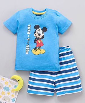 Babyhug Half Sleeves Striped Night Suit Mickey Mouse Print - Blue