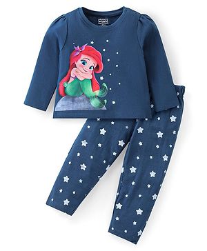 Babyhug Full Sleeves Night Suit Ariel Print - Navy Blue