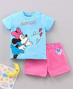 Babyhug Half Sleeves Top & Shorts Nightwear Set Minnie Mouse & Text Print - Blue