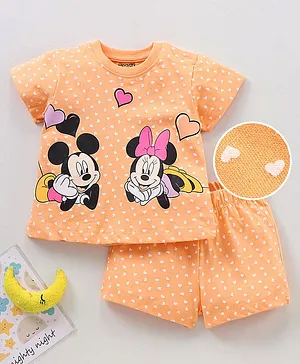 Babyhug Half Sleeves Top & Shorts Nightwear Set Mickey & Minnie Mouse Print - Orange