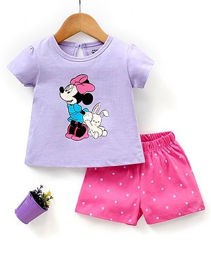 Babyhug Cap Sleeves Shorts Set Disney Minnie Mouse & Polka Dot Print - Purple Pink
