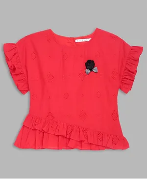 Elle Kids Short Sleeves Self Embroidery Detailing Top - Red
