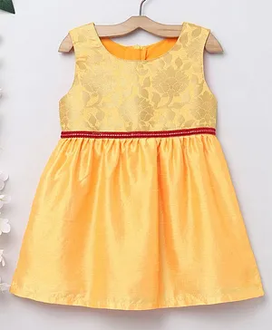 Many frocks & Sleeveless Floral Weaving Work Detail Dress - Yellow