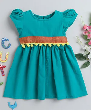 Many frocks & Half Sleeves Solid Dress With Pom Pom Detail - Green