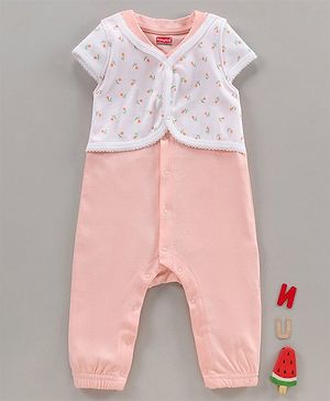 Babyhug Half Sleeves Cotton Romper Floral Print - Pink
