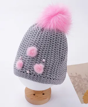 Babyhug Woolen Cap Pom-Pom Applique Grey - Diameter 12 cm