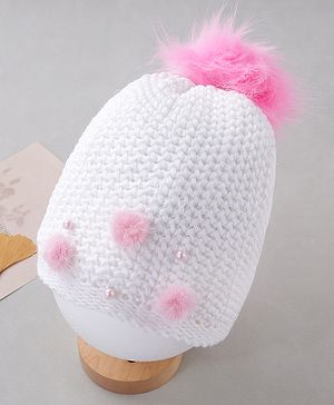 Babyhug Woollen Cap Pom Pom Applique White - Diameter 12 cm