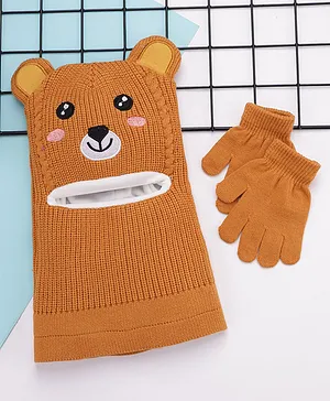 Babyhug Woollen Cap & Gloves Sets With Teddy Face Embroidery Brown - Circumference 46 cm
