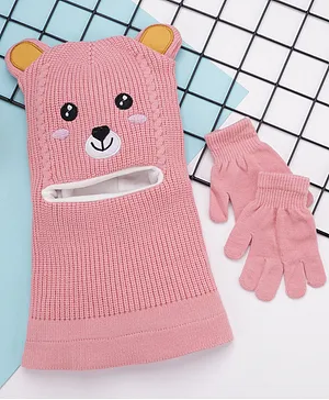 Babyhug Woollen Cap & Gloves Sets With Teddy Face Embroidery Pink - Circumference 47 cm