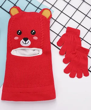 Babyhug Woollen Cap & Gloves Sets With Teddy Face Embroidery Red - Circumference 47 cm