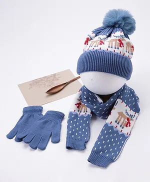 Babyhug Woollen Cap Gloves With Muffler Blue - Cap Diameter 11 cm
