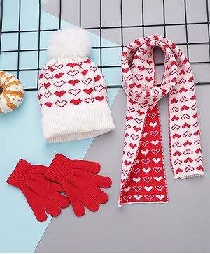 Babyhug Woollen Cap Gloves With Muffler Red - Cap Diameter 11.5 cm