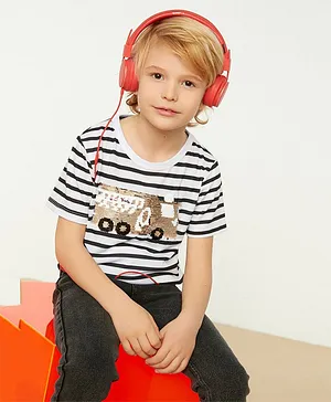 trendyol Half Sleeves Cotton T-shirt with Vehicle Reversible Sequins - Blue