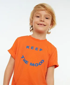 Trendyol Half Sleeves Cotton T-Shirt Text Print - Orange