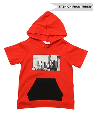 trendyol Hooded Half Slevees Printed T Shirt - Red