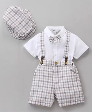 ToffyHouse Half Sleeves Shirt & Shorts Set With Suspenders And Hat Checks Print- White