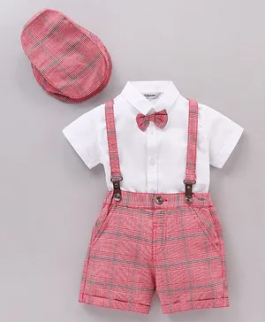 ToffyHouse Cotton Half Sleeves Party Shirt With Bottom With Suspenders & Cap Checks - Red White