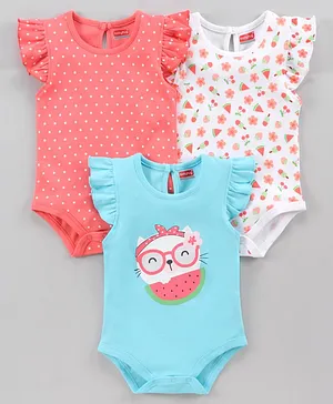 Babyhug 100% Cotton Short Sleeves Onesie Melon Print Pack of 3 - Blue
