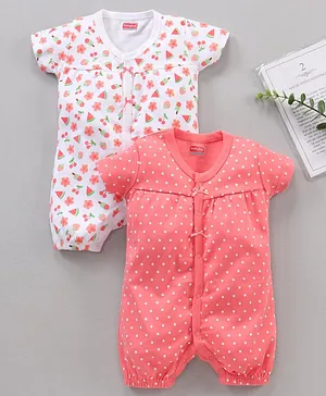 Babyhug 100% Cotton Half Sleeve Romper Fruit and Spot Print Pack of 2 - Pink and White
