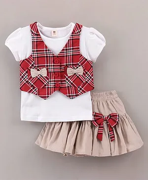ToffyHouse Party Wear Puff Sleeves Top & Corduroy Skirt With Checks Waistcoat Bow Appliques - White Red Beige