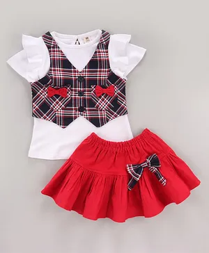ToffyHouse Party Wear Puff Sleeves Top & Corduroy Skirt With Checks Waistcoat Bow Appliques - White Red Blue
