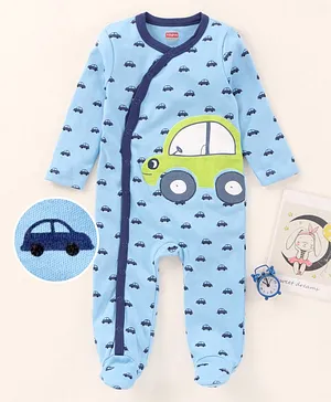 Babyhug Full Sleeves Sleepsuit Car Print - Blue