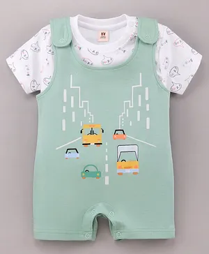 ToffyHouse Half Sleeves T-Shirt & Dungarees Set Vehicle Print - Green