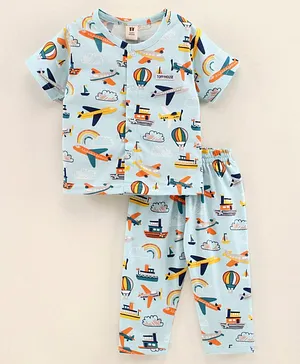 ToffyHouse Cotton Half Sleeves Pajama Set Aeroplane Printed - Turqouise Blue