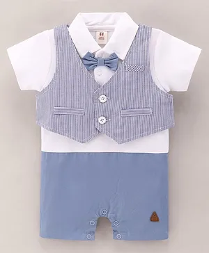 ToffyHouse Cotton Woven Half Sleeves Striped Romper With Attached Bow - Blue