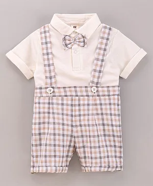 ToffyHouse Half Sleeves Checked Dungarees Set With Tee - Beige