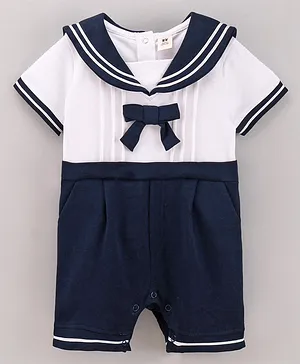 ToffyHouse Cotton Half Sleeves Party Rompers Solid - Navy White