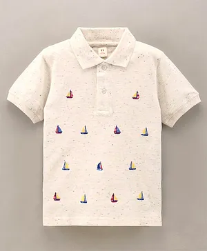 ToffyHouse Half Sleeves Cotton T-Shirt Boat Embroidery - White
