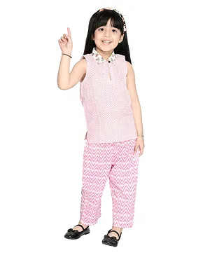 Olesia Sleeveless Handblock Printed Top With Ikat Printed Pajama - Pink & White