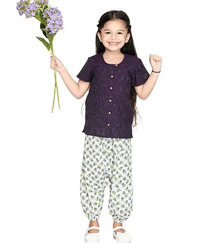 Olesia Half Sleeves Ikat Printed Top & Pajama - Purple & White