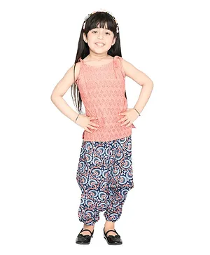 Olesia Shoulder Tie Up Sleeveless Motif Printed Top With All Over Printed Dhoti Pants - Pink & Blue