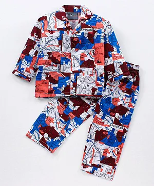 Dapper Dudes Full Sleeves Full Sleeves All Over Map Printed Night Suit - Maroon